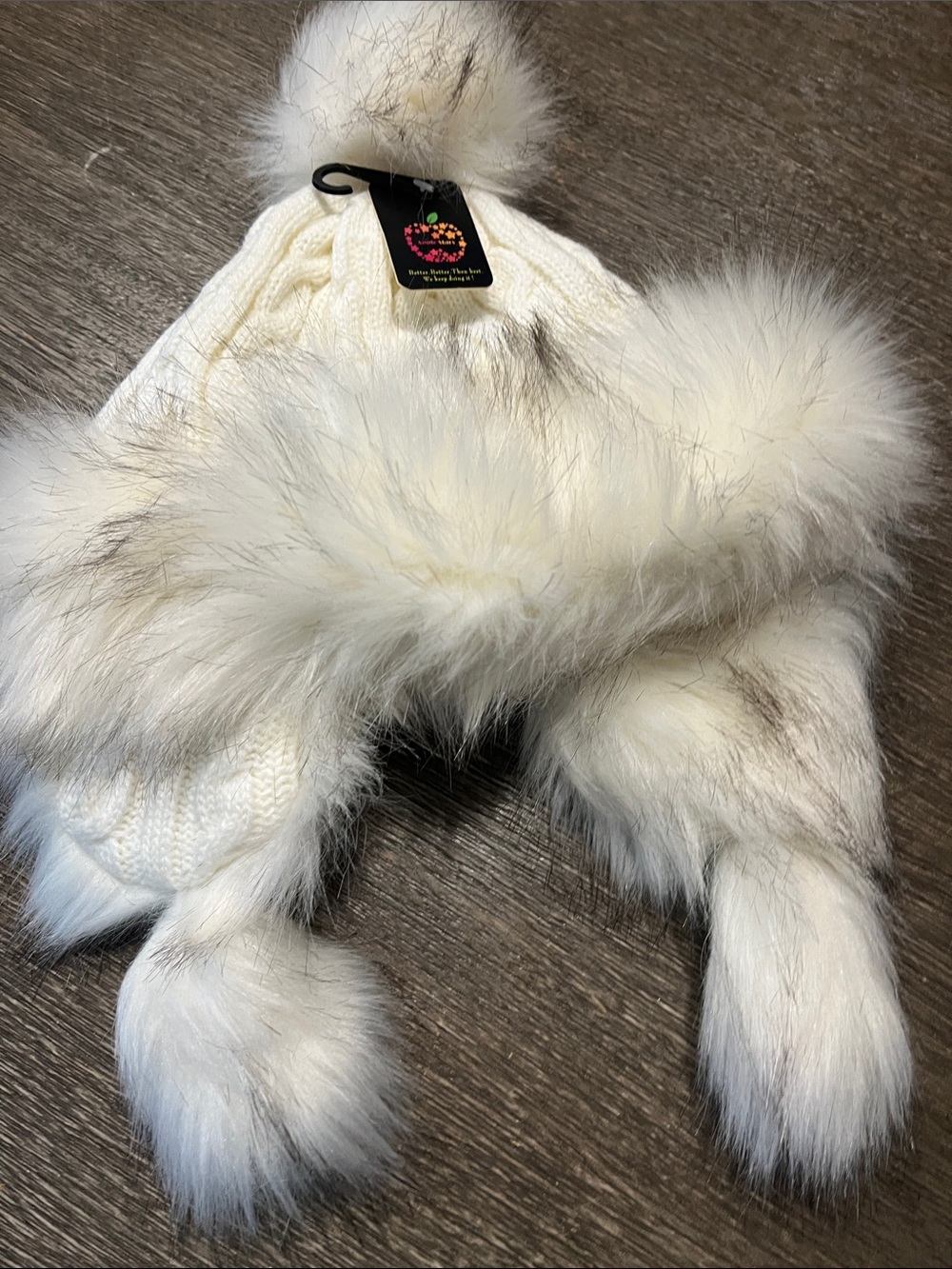Apple Stars White Faux Fur Pom Knit Earflap Hat